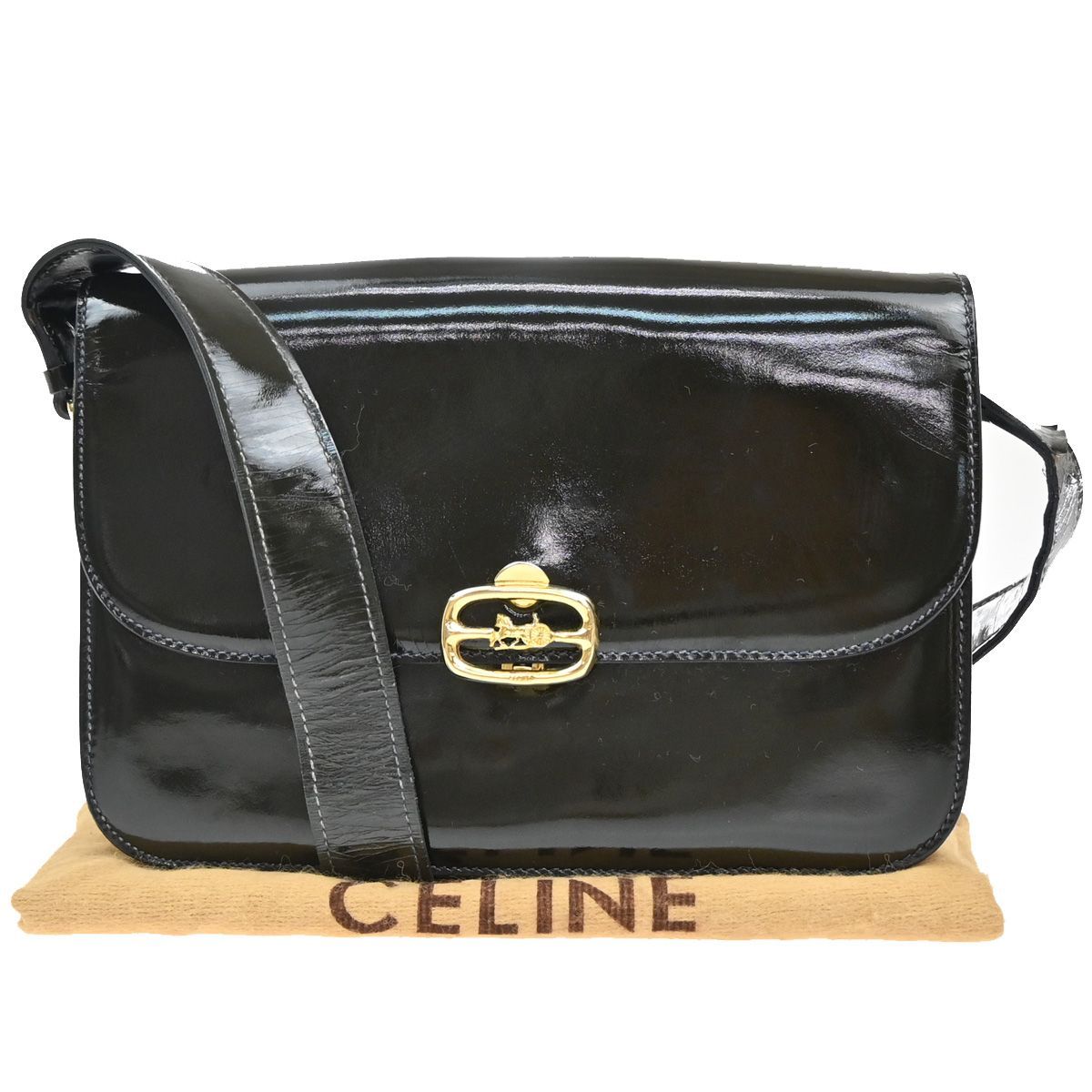 CELINE セリーヌ 馬車 モチーフ ショルダーバッグ エナメル ネイビー 