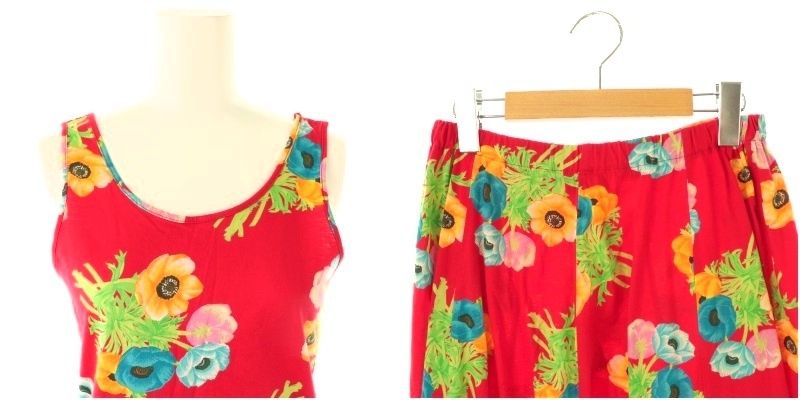 ケンゾー KENZO エルカ期 フラワーノースリーブトップス×スカート セットアップ タンクトップ フ M 赤 マルチ CX OS DECORATOM_COM_BR