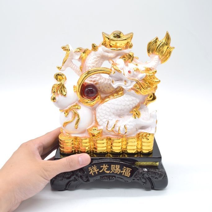 白龍 樹脂製置物 如意宝珠持ち 聚宝盆 台座付き 23cm 龍の置物 龍