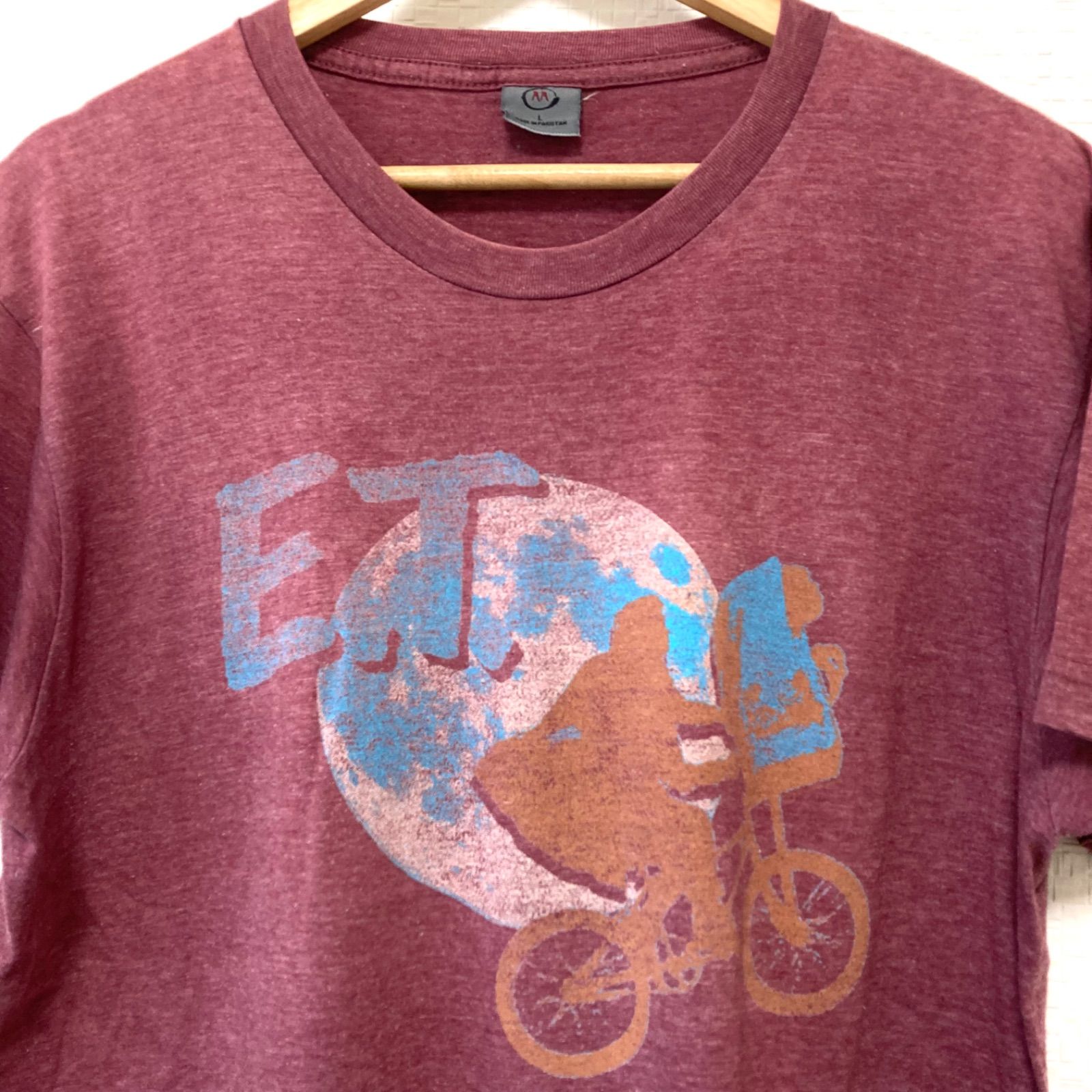 ヴィンテージ◎ 90s！【AA】ダブルエー E.T. イーティー プリント Tシャツ 半袖 TEE クルーネック カットソー 古着 コットン 綿 パキスタン製 パープル系 メンズ 男性 サイズL／M11430UU