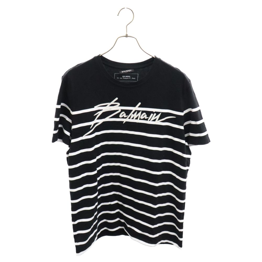 BALMAIN (バルマン) フロントロゴプリントボーダー半袖クルーネックTシャツ ブラック SH11601I130