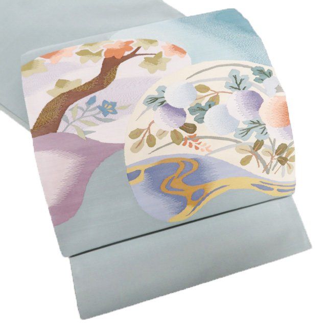 袋帯 美品 秀品 よろけ縞 銀通し ぼかし 鶯色 お太鼓柄 正絹