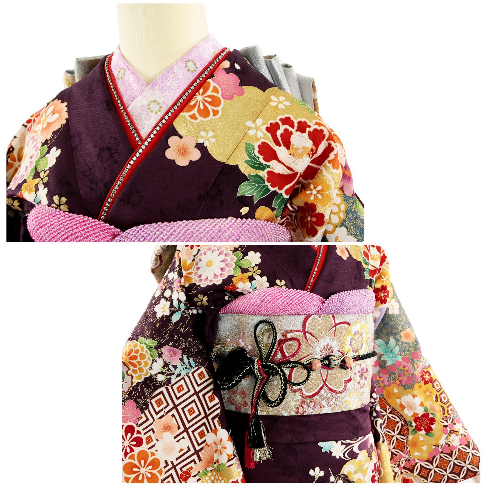 振袖 振袖セット USED振袖 紫 新古典柄 金駒刺繍 松竹梅 7点フルセット レディース Lサイズ WA-F-187 振袖 振袖セット USED振袖 紫 新古典柄 金駒刺繍 松竹梅 7点フルセット