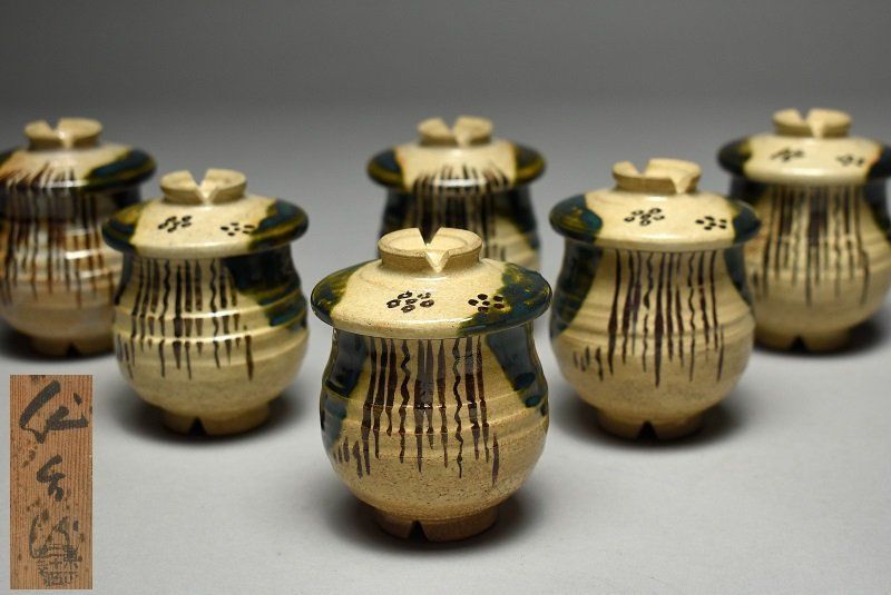 蔵A5039 織部焼 名工 加藤作助 一口碗 六客 共箱
