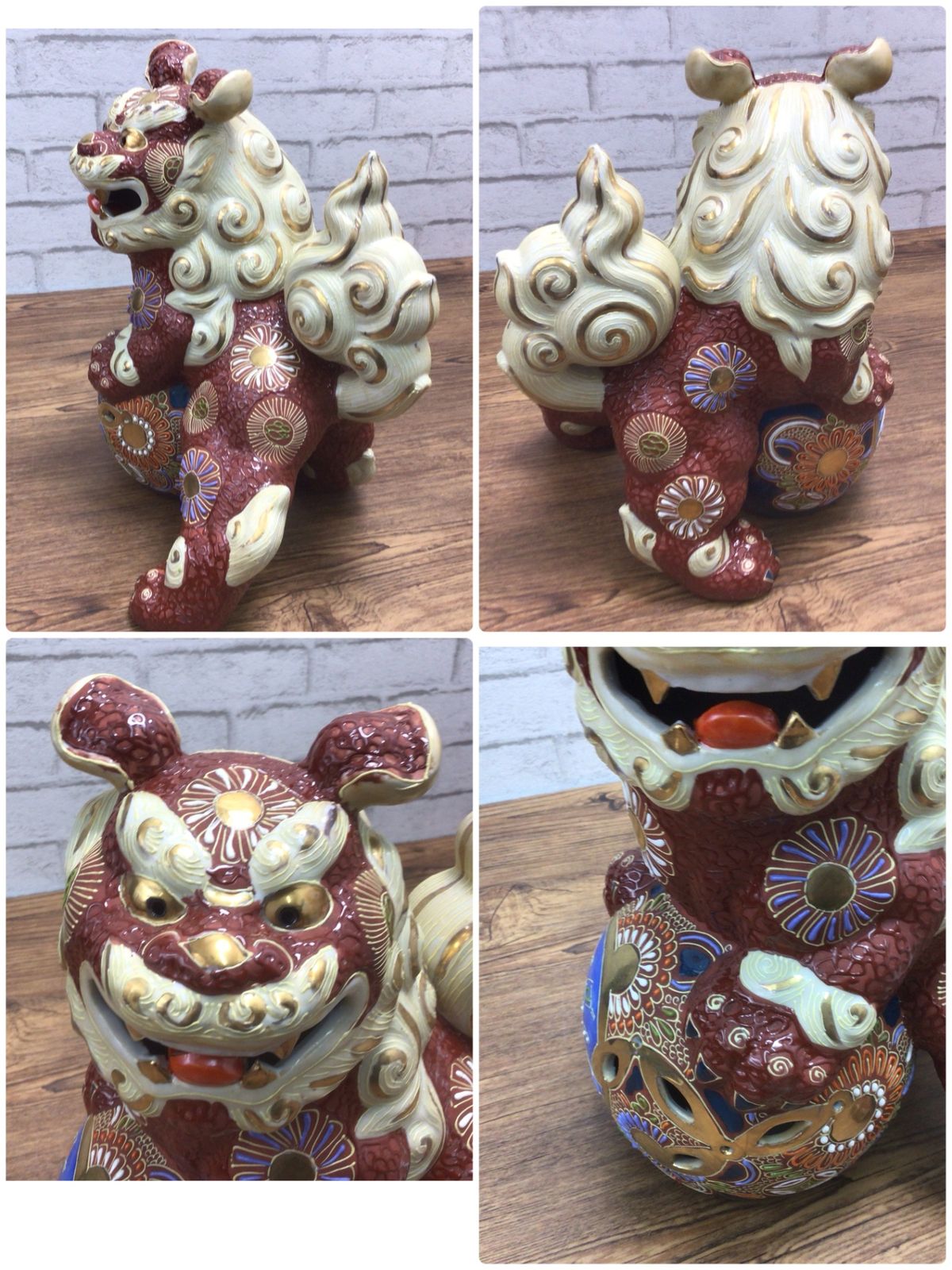 2063 九谷焼 金彩 清仙作 唐獅子 玉獅子 置物 共箱 未使用保管品