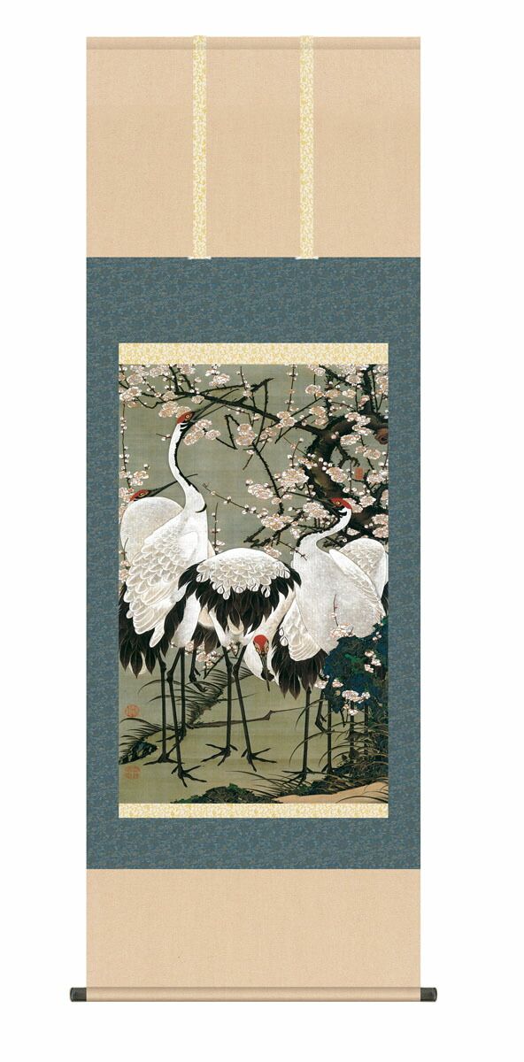 10年保証 掛け軸 名画複製画 梅花群鶴図 伊藤若冲 尺5 桐