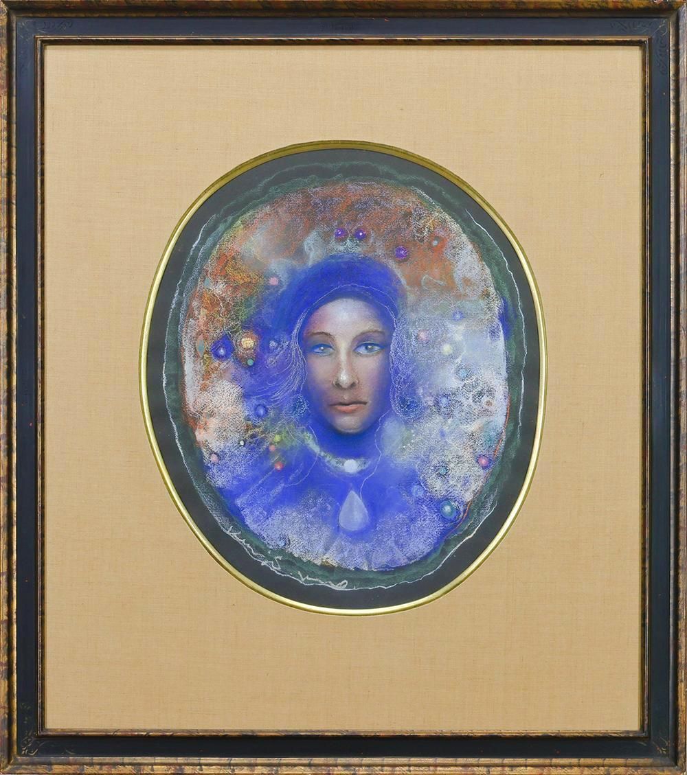 WISH サイン有 パステル 8号大 円窓 神秘の青に包まれた 青き瞳の美しい女性像 25093149