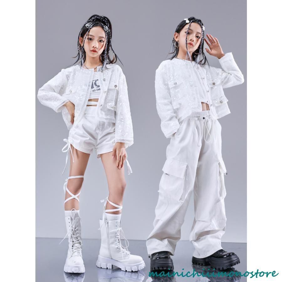 ダンス 衣装 キッズ 白 セットアップ K-POP 韓国 子供ダンス服 ダンスウェア キッズダンス衣装 ガールズ へそ出しトップス パンツ