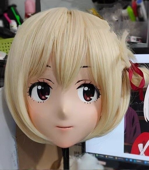 ハーフマスク 眼球付き カツラ付き NO.49 樹脂製 ヘッドロリータ人形 コスプレマスク 変身 仮装 着ぐるみ 二次元美少女