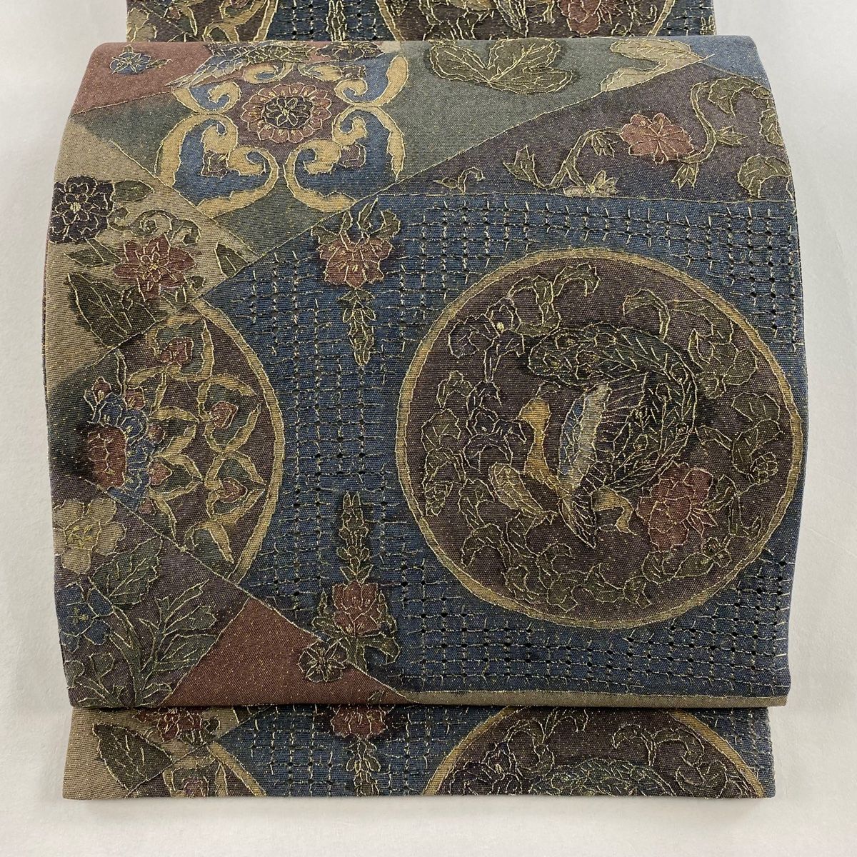 袋帯 草花 鳥 金糸 刺繍 灰茶 全通 正絹
