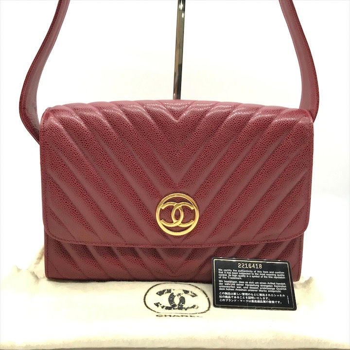 美品 CHANEL シャネル ココマーク キャビアスキン Vステッチ 