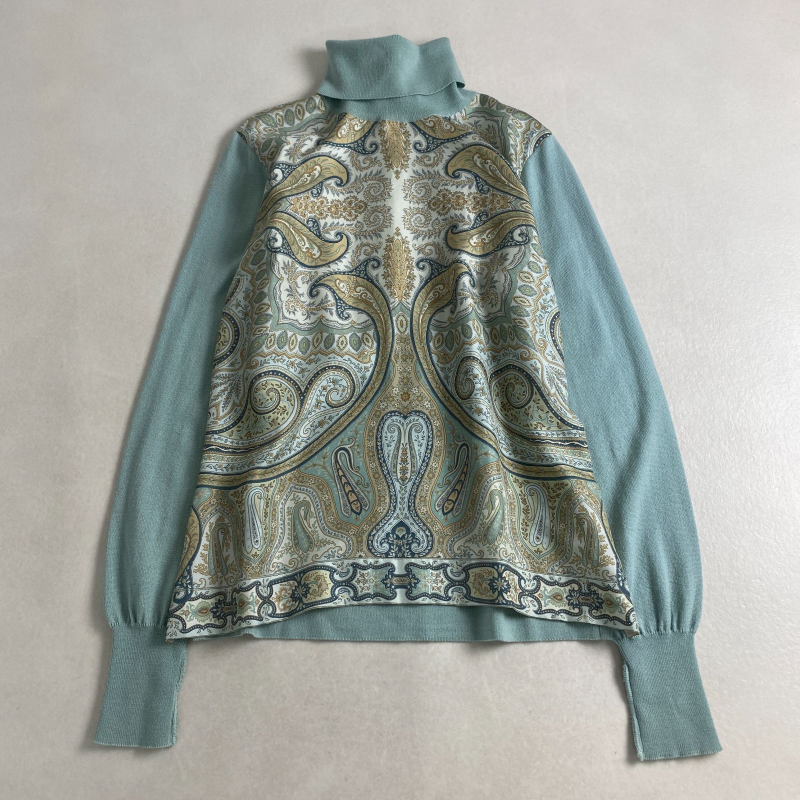 エトロ ニット ハイネック シルク切り替え ペイズリー 46 XL 2XL相当 ミントブルー