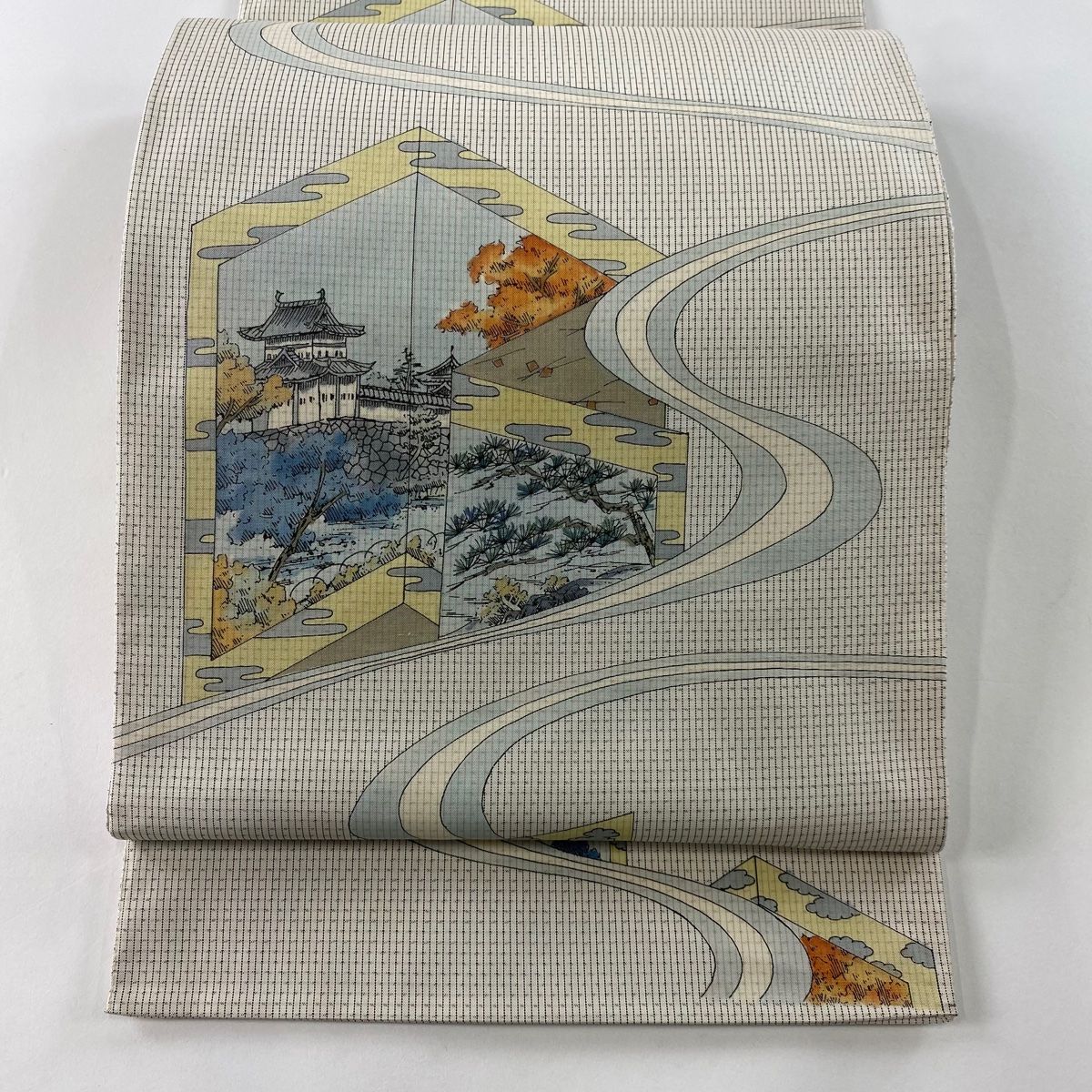 袋帯 秀品 屏風 城風景 灰白 全通 正絹