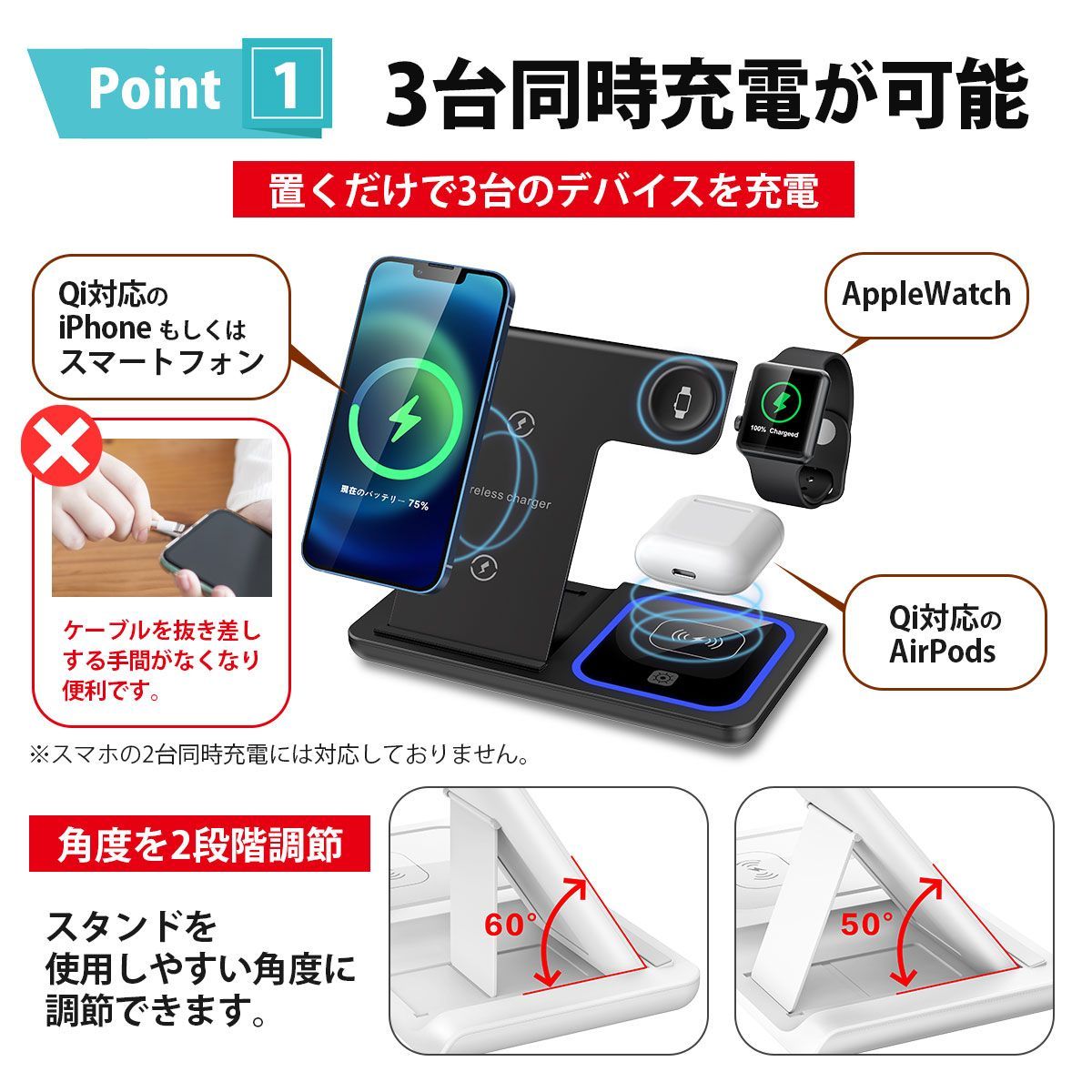 メルカリshops ワイヤレス充電器 スマホスタンド 3台同時充電 急速充電