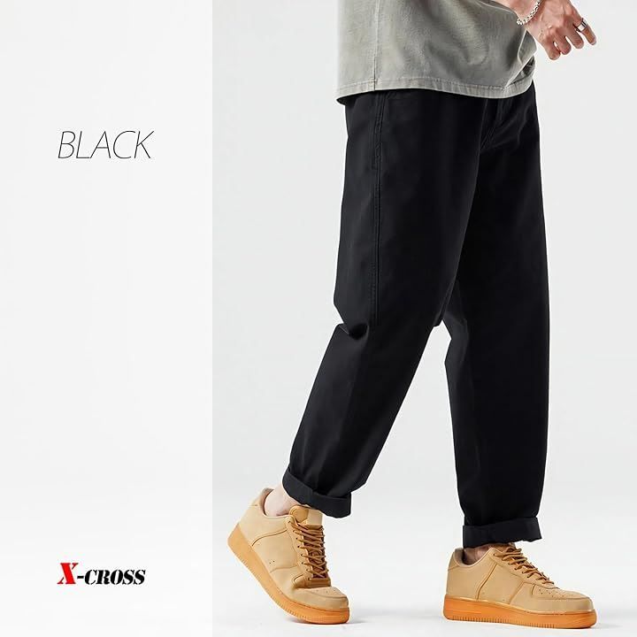 X-cross クロス カジュアルパンツ メンズ ゆったり 裾上げ済み シンプル 無地 ファスナー チノパン ロングパンツ ストレートパンツ 履きやすい 動きやすい ボトムス レギュラー丈(ブラック,  L)