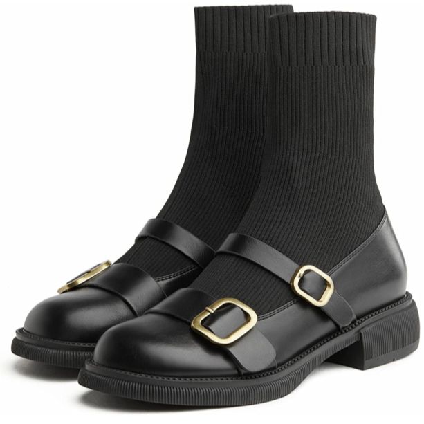 JOSINY] 靴 レディース ローファー ソックスブーツ ニット 黒 秋冬