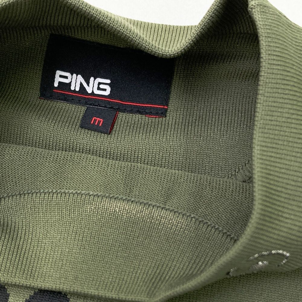 サイズ：M PING ピン モックネック 半袖ニットセーター カーキ系