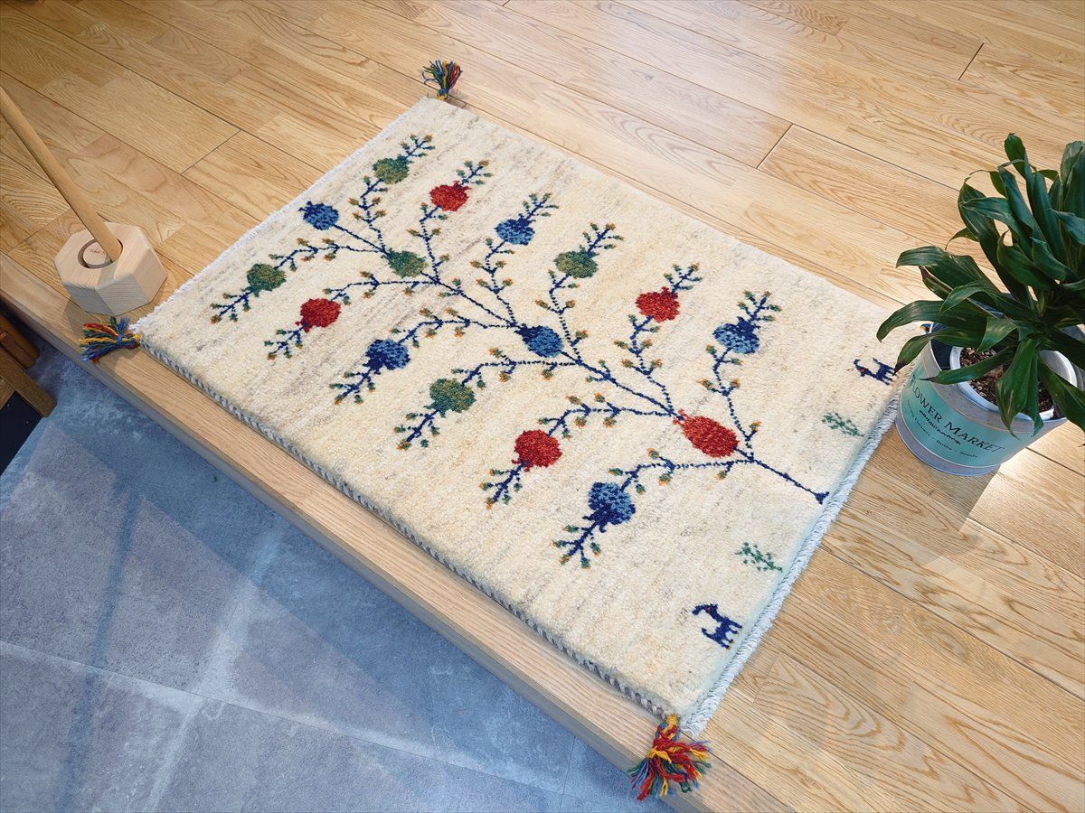 ペルシャ ギャッベ 玄関マット ラグ 88x62cm ザクロの木 アイボリー グレー RJ14142 MARWIL-DEMENAGEMENTS_CH
