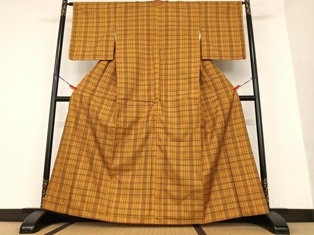 平和屋着物○本場黄八丈 まるまなこ 紬 格子 正絹 逸品 AAAW9093zg