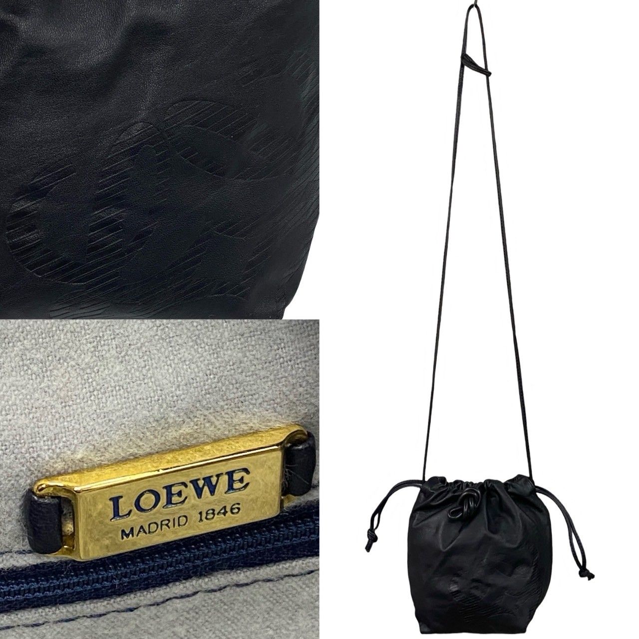 極 美品 LOEWE ロエベ ヴィンテージ アナグラム ロゴ ナッパレザー 本革 ショルダーバッグ ポシェット 巾着バッグ ネイビー 紺 22874  - メルカリ