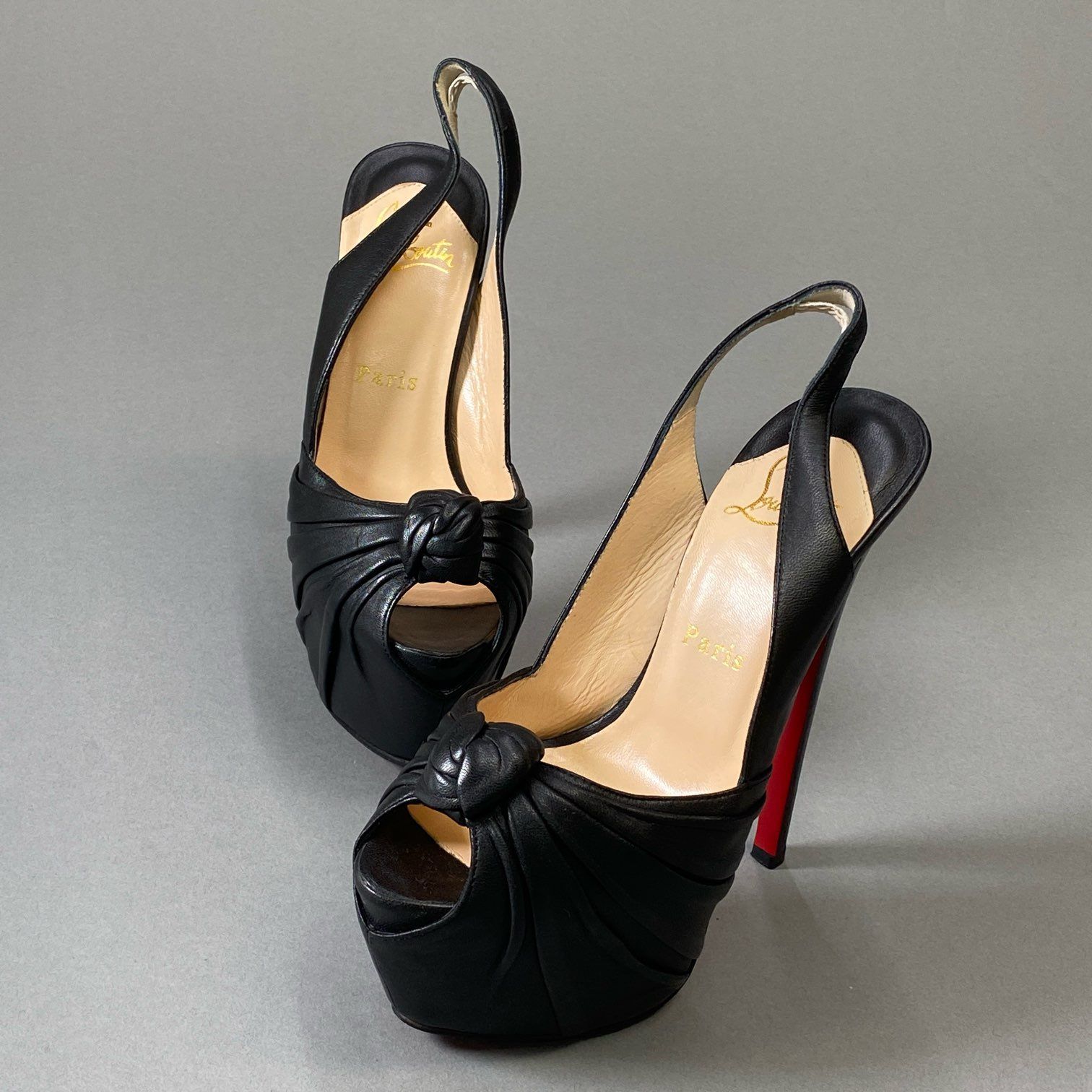 4i30 Christian Louboutin クリスチャンルブタン ハイヒール パンプス オープントゥ アンクルストラップ 35サイズ ブラック レザー レディース シューズt18r