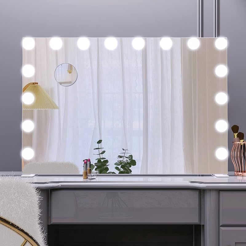 Wonstart女優ミラー 62x91cm ハリウッドミラー 大型 壁掛け|卓上両用 16LEDライト付き 3色ライトモード 明るさ調節 記憶機能 卓上ミラー 大きい 10倍拡大鏡付き ホワイト 1