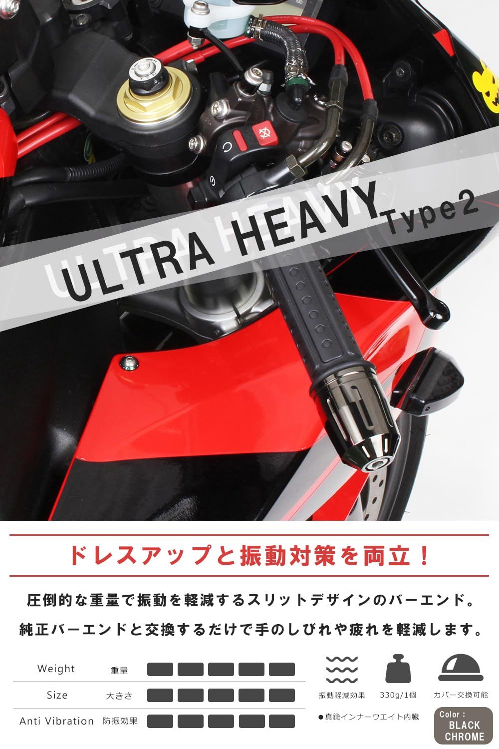 ポッシュフェイス POSH FAITH バイク用品 ハンドルバーエンド 日本製 ウルトラヘビータイプ2 GSX1300R 隼 ハヤブサ 21-23年 | GSX-R1000R 17-22年 スズキ純正ハンドル用 M12タイプ ブラッククローム