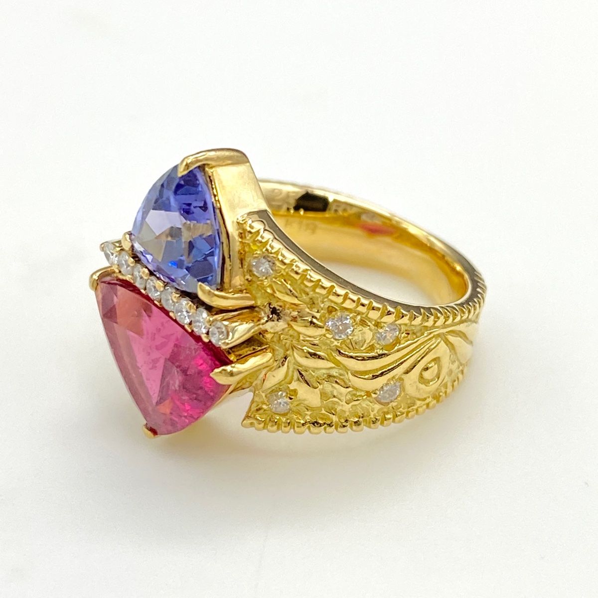 トルマリン デザインリング YG イエローゴールド 指輪 タンザナイト メレダイヤ リング 8.5号 K18 トルマリン タンザナイト レディース