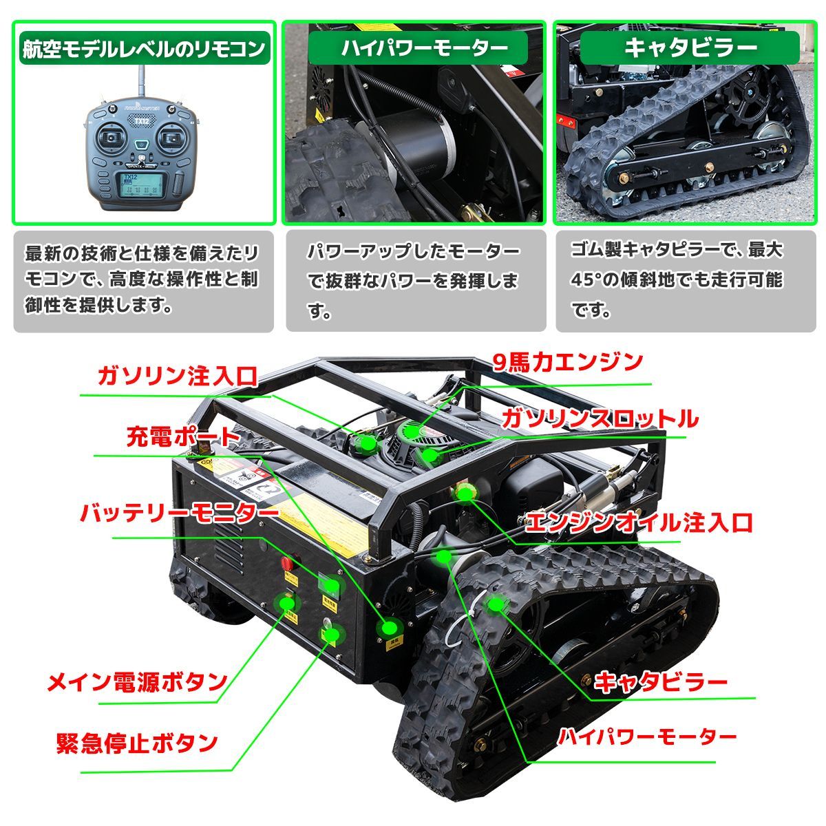 リモコン式エンジン草刈機 9馬力 224cc ハイブリッド 回転式 刈刃2枚 隔操作 農業 ラジコン自走式 ハイブリッド式草刈り 遠隔操作芝刈り機(1年保証付き)  - メルカリ