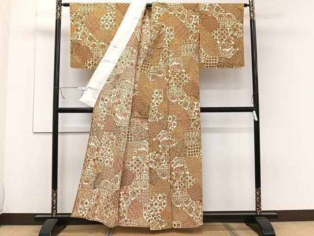 平和屋着物▽上質な小紋 単衣 型染め 更紗花鳥文 正絹 逸品