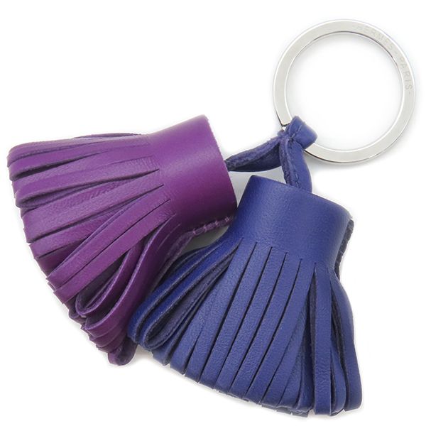 エルメス HERMES キーリング カルメン ウノドス ラムスキン アネモネ×ブルーエレクトリック シルバー金具 紫 青 フリンジ キーホルダー 箱