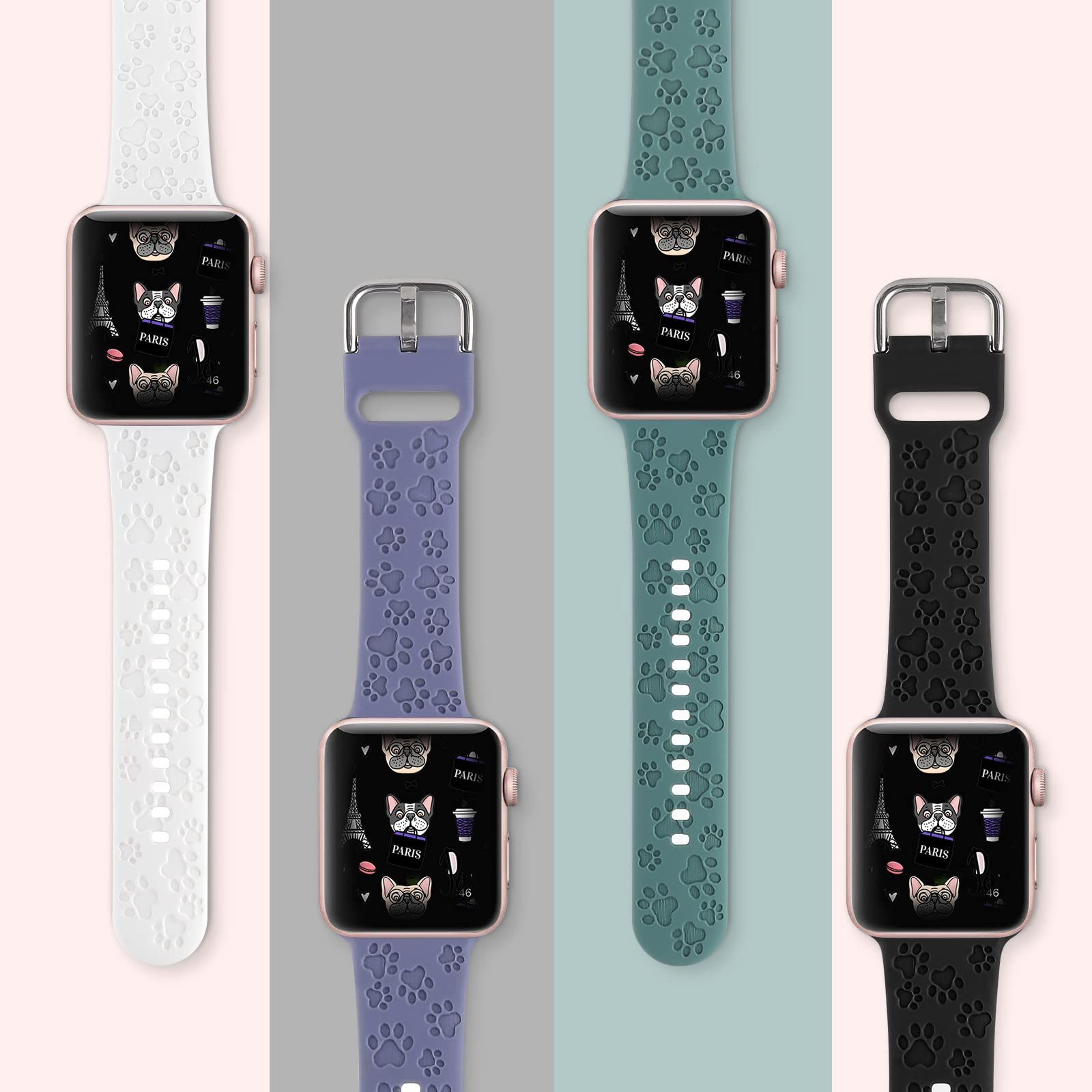 犬の足跡が刻印されたデザイン スポーツバンド 2本パック Apple Watch iWatchバンド 40mm 38mm 41mmに対応 アニマルラブ 肉球プリント レーザーソフトシリコンストラップ iWatch Series 7-1 & SE用 (ブラック 