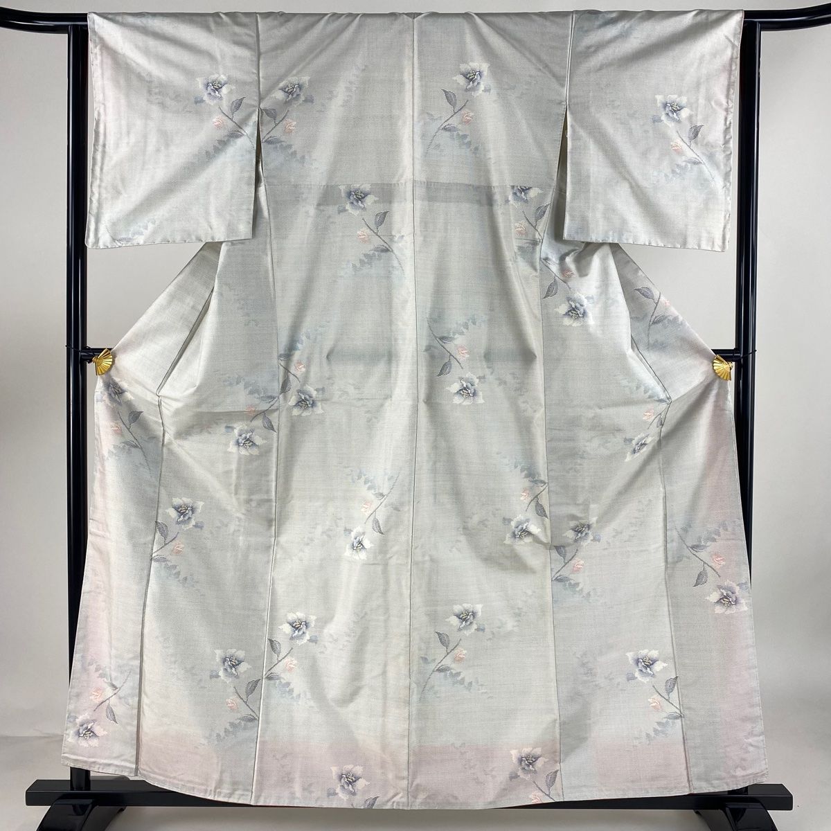 大島紬 身丈160.5cm 裄丈63cm S 袷 都喜ヱ門 証紙 枝花 灰白 正絹 名品  