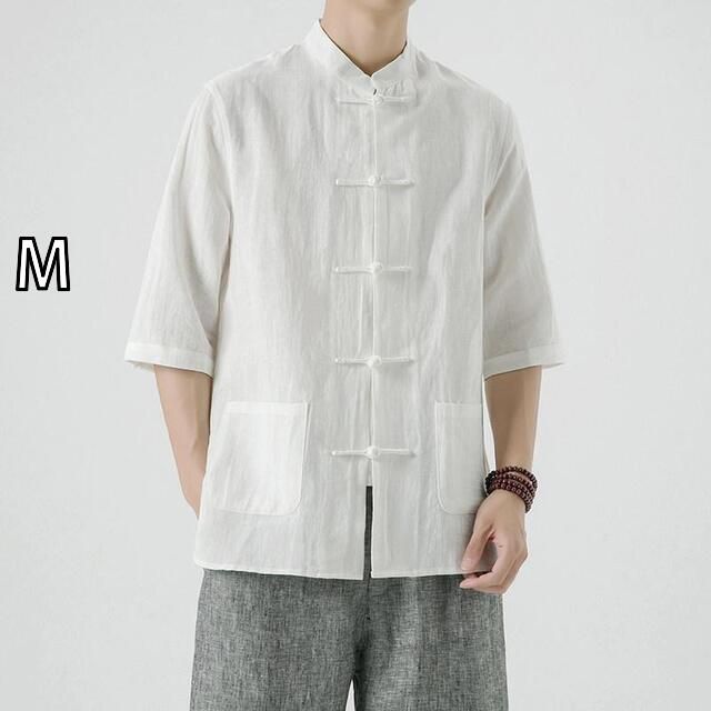 [M] メンズ ファッション 服 男性用 オシャレ シンプル 大人 かっこいい 大きいサイズ ストリート 紳士服 レトロ 唐装 リネンシャツ 長袖 綿 リネン スタンドカラー 半袖 シャツ