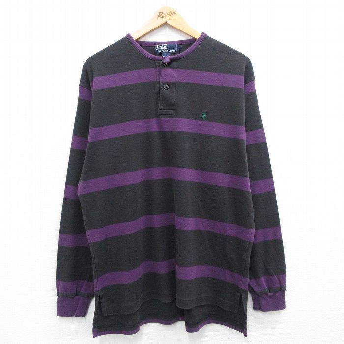 XL/古着 ラルフローレン 長袖 ブランド Tシャツ メンズ 90s ワンポイントロゴ 大きいサイズ コットン ヘンリーネック 紫他 パープル ボーダ