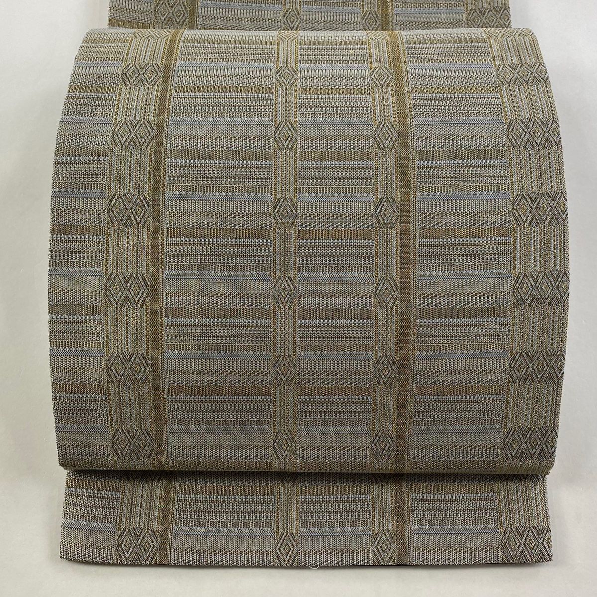 袋帯 秀品 縞 菱 金糸 箔 青灰色 六通 正絹