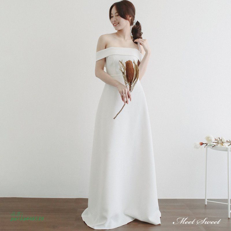 ウェディングドレス ロングドレス スレンダードレス オフショルダー ファスナー シンプル 二次会 ウエディングドレス 前撮り 結婚式 ブライダル 花嫁 pai5a446539