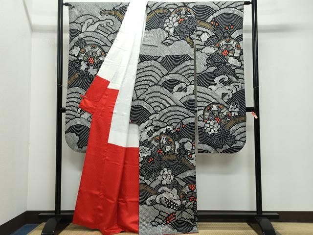 平和屋着物○豪華振袖 絞り 立波源氏車花文 黒地 金彩 正絹 逸品  