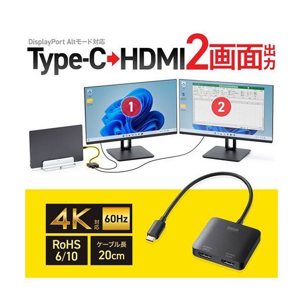 サンワサプライ USB Type C-HDMI変換アダプタ 2ポート 4K対応 ブラック AD-ALCMST2HD2