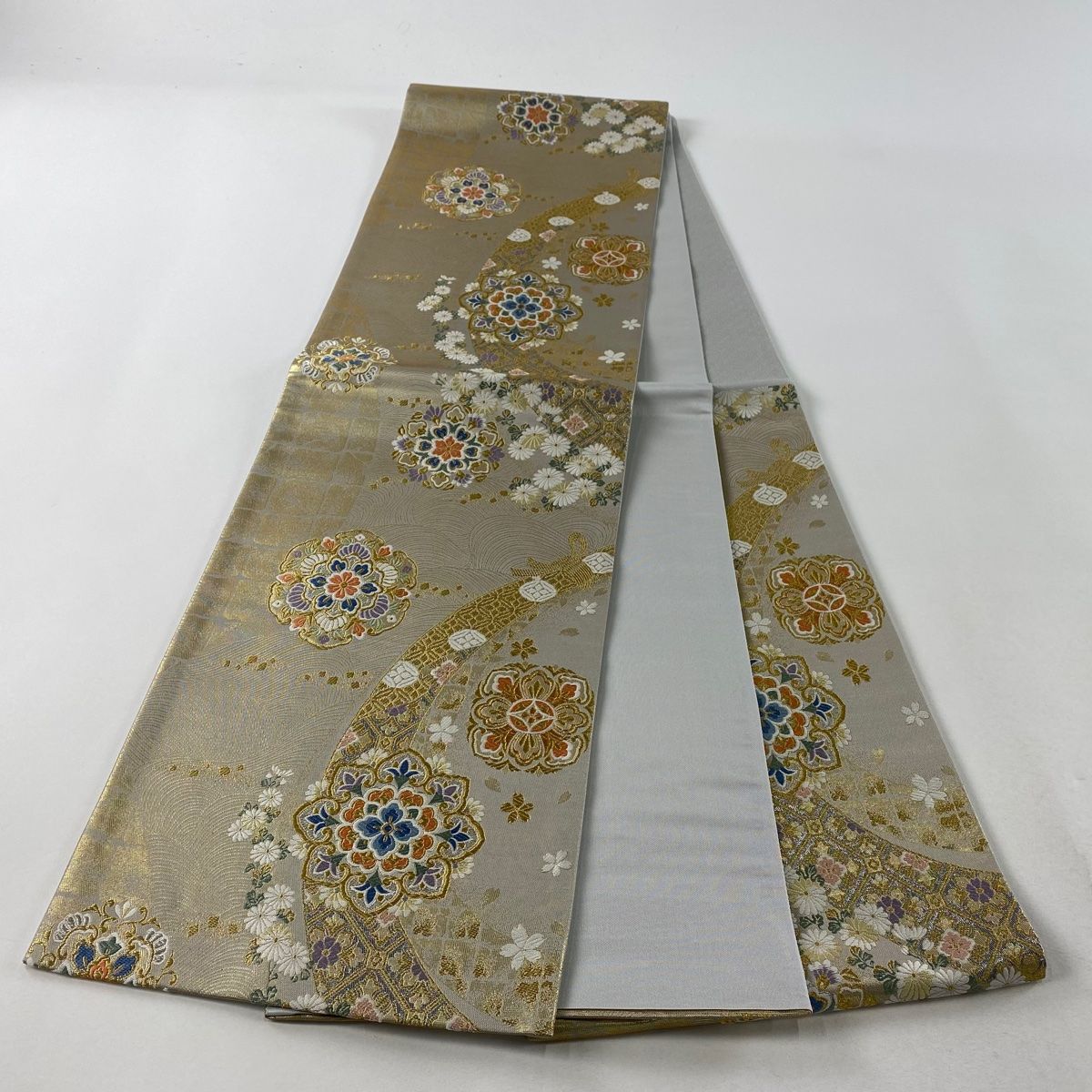 袋帯 美品 秀品 流水地華文 金銀糸 箔 金色 六通 正絹 【中古