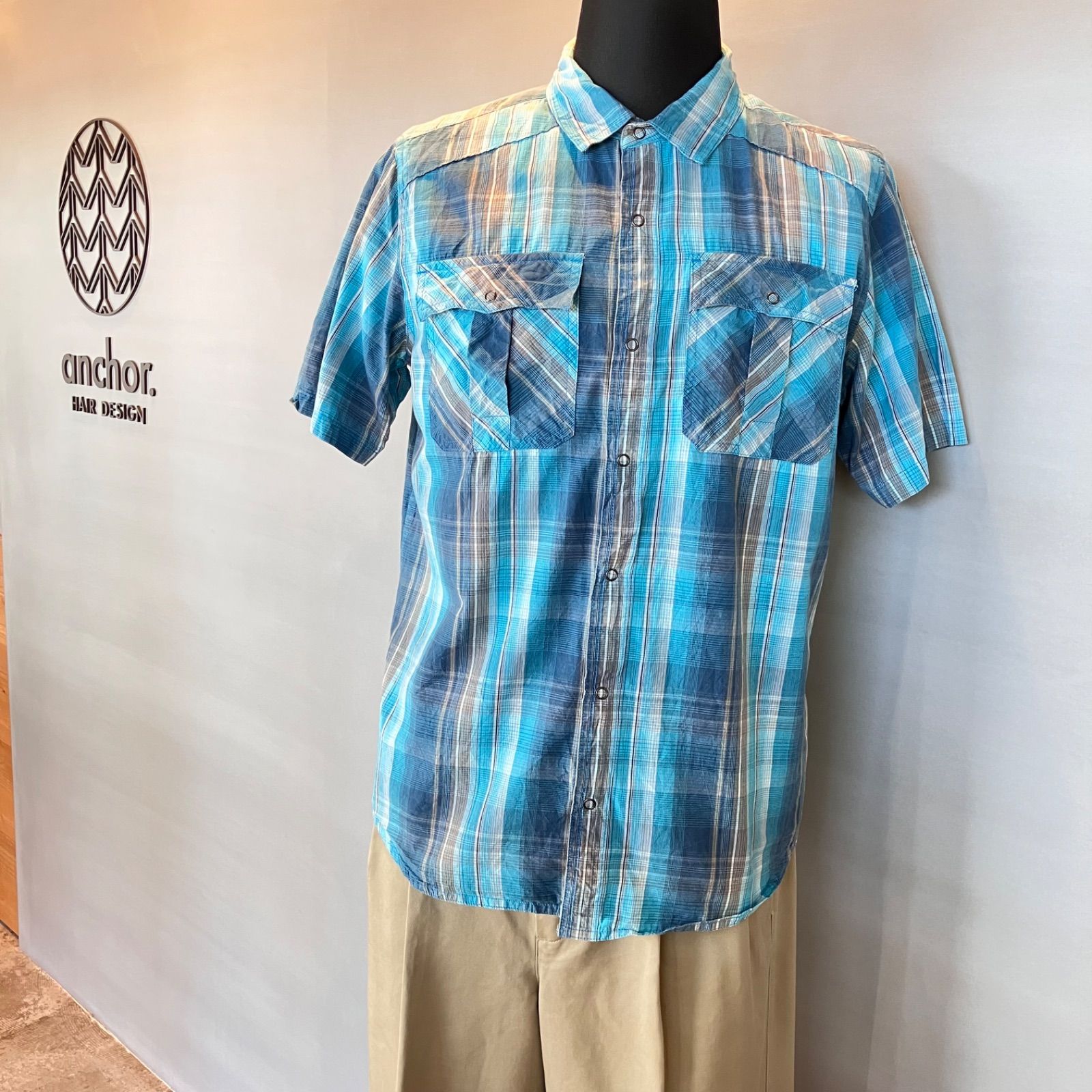 prAna プラナ アメリカ古着 オーガニックコットン チェックシャツ 半袖 S/S ターコイズブルー 水色 メンズ Mサイズ