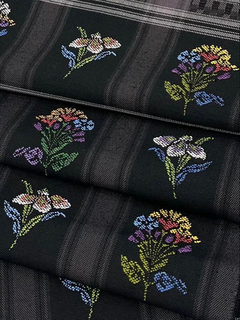 八寸名古屋帯 松葉仕立て 花 正絹 Q1121