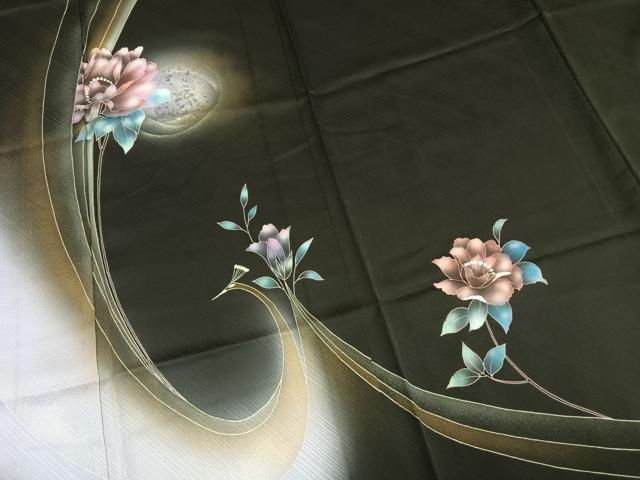 平和屋着物▽訪問着　単衣　草花文　暈し染め　黒地　金銀彩　正絹　逸品　AAAV8406fy 平和屋着物▽訪問着 単衣 草花文 暈し染め 黒地 金銀彩 正絹 逸品
