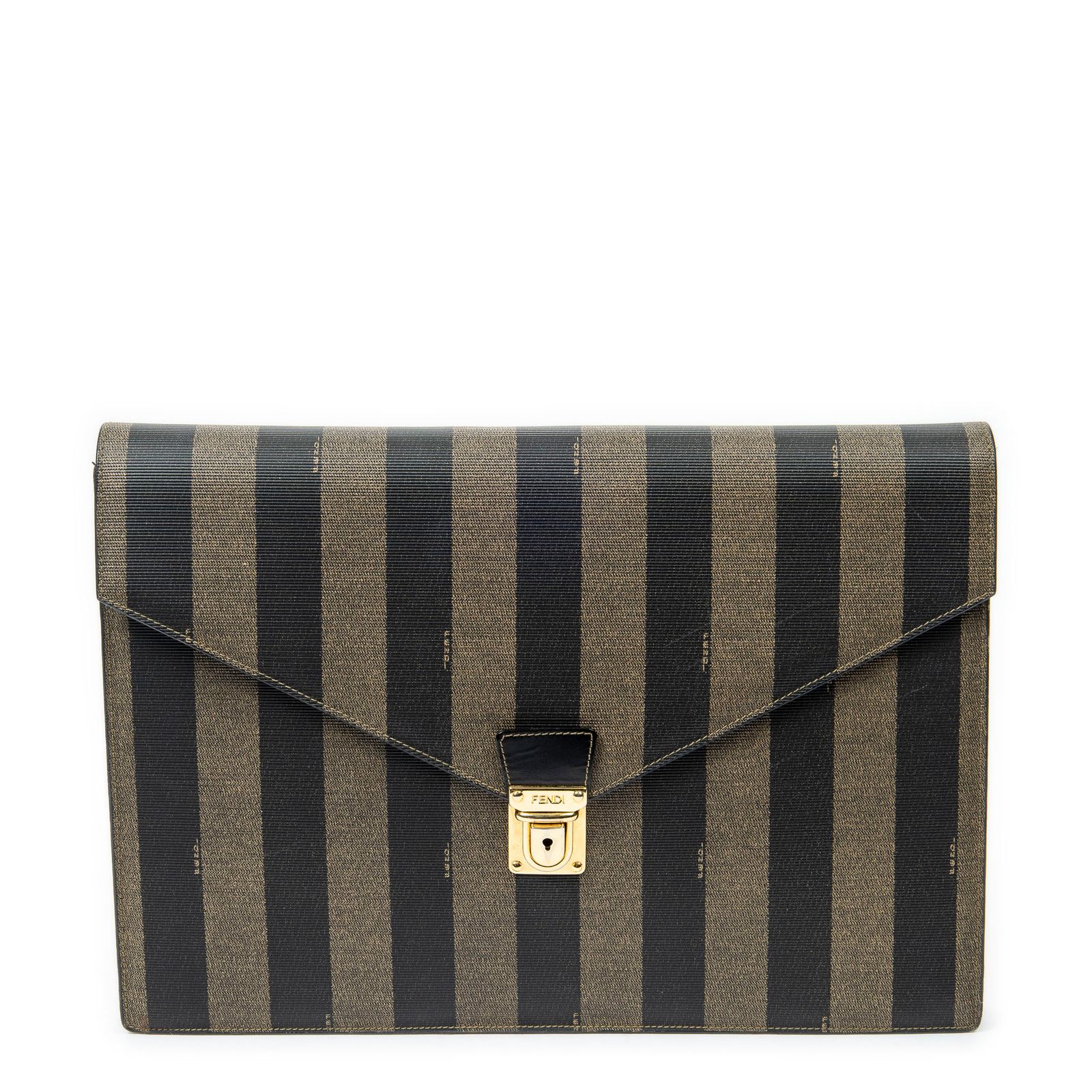 FENDI フェンディエンベロープドキュメントケースカーキ ブラックペカンストライプPVCキャンバスA