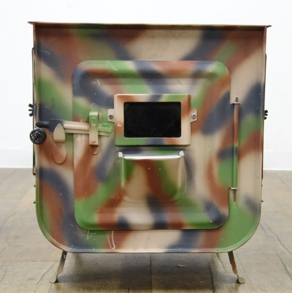 しんぽセイサクジョ 新保製作所 迷彩 ミニ薪ストーブ 3面窓付 煙突 横出し 調