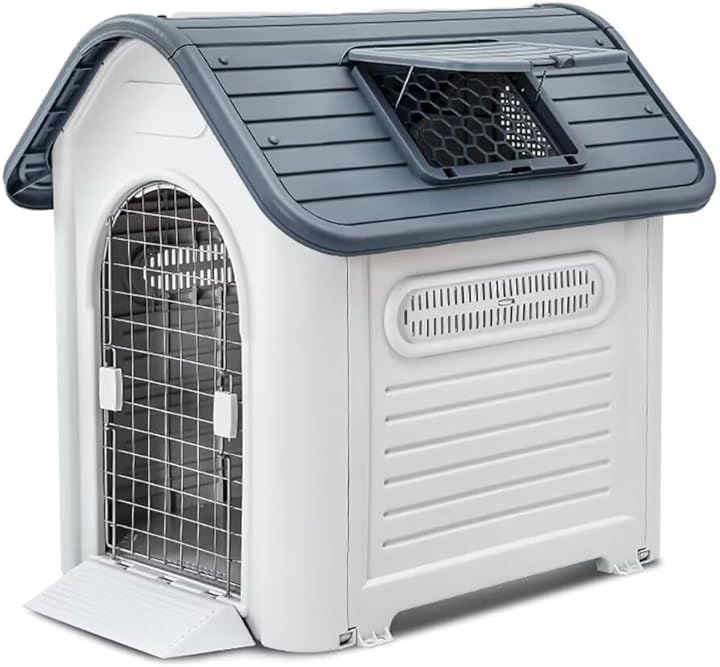 pempet 犬小屋 ペットハウス プラスチック ドッグハウス 屋内 屋外 小型犬 中型犬 大型犬 天窓付き ドア付き 防雨 換気 軽量 全天候型 オールシーズン グレー L
