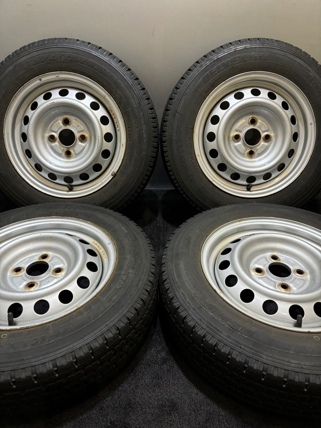 ★155/80R14 88/86N LT TOYO/DELVEX 935 21年製 トヨタ 純正 スチール 14インチ 5J +39 100 4H スタッドレス 4本 サクシード (南6-G815)