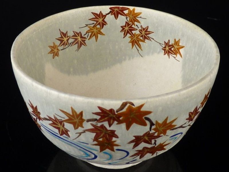 清宮】橋本紫雲「彩涼釉紅葉 茶碗」共箱 高さ 約8cm 幅 約12.5cm