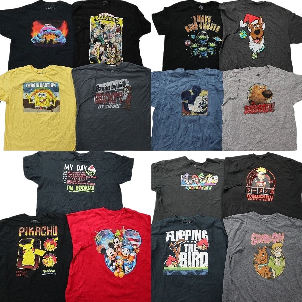 古着卸 キャラクター 半袖Tシャツ 15枚セット メンズ 2XL |3XL スポンジボブ アングリーバード ピカチュウ 古着 NA1393