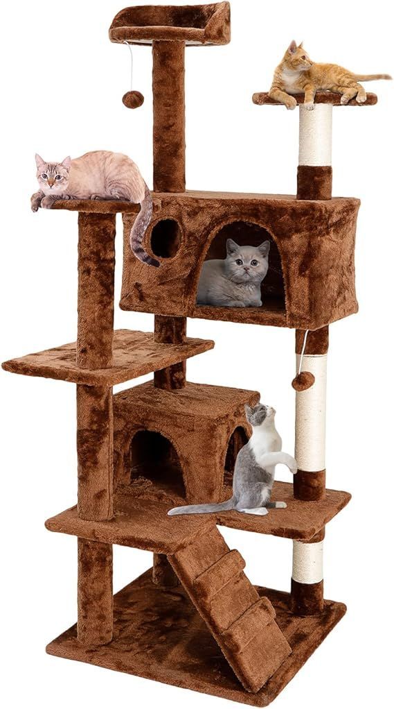 【在庫処分】ZENY キャットタワー 据え置き スリム 省スペース 猫タワー 多頭飼い 幅49×奥行き49×高さ133cm 耐荷重25kg 中型猫 子猫 成猫 多機能 隠れ家 天然サイザル麻 麻紐 爪研ぎ 遊びのポン